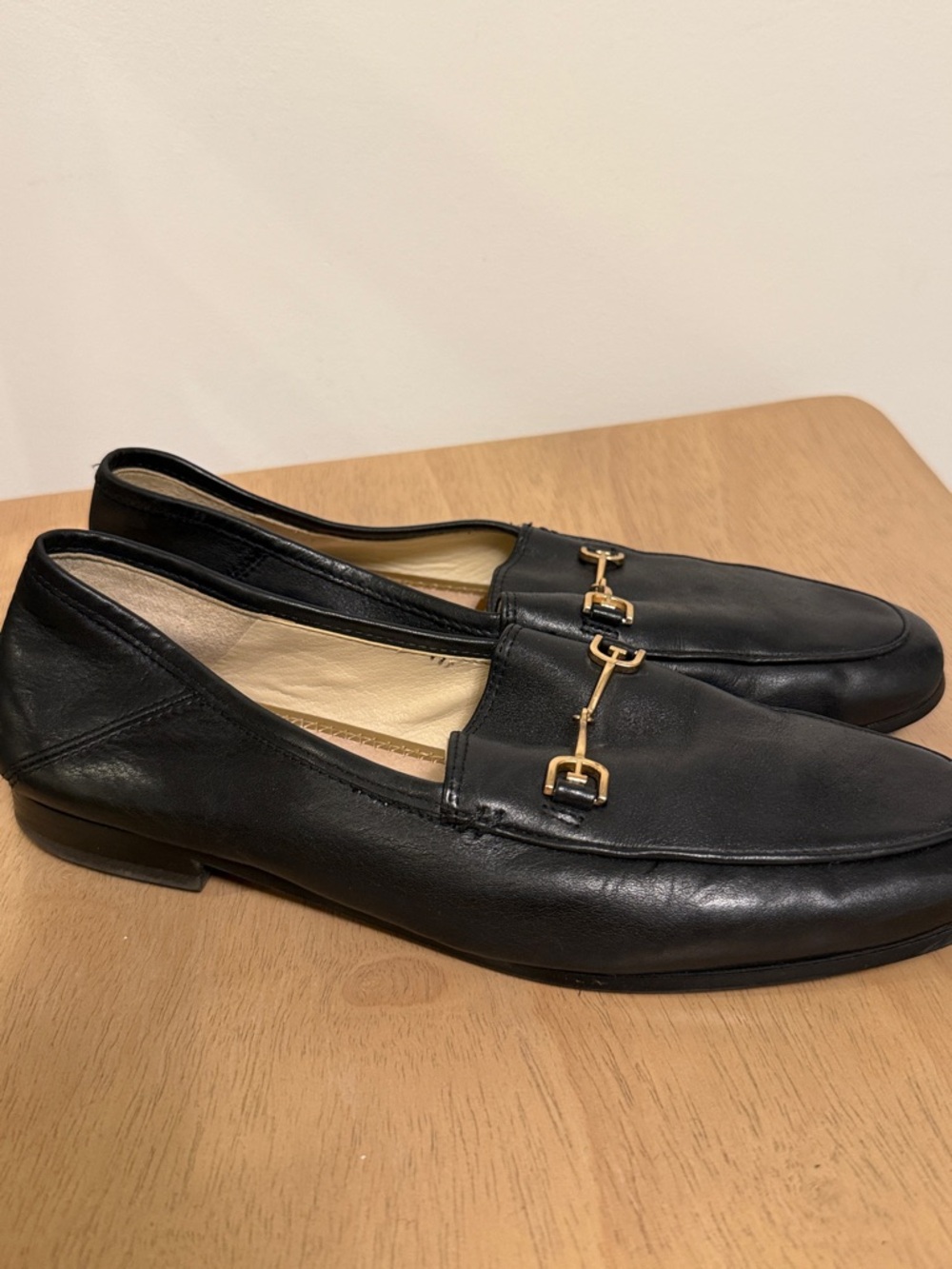 Sam Edelman Black Leather Loafers with Gold Horsebit